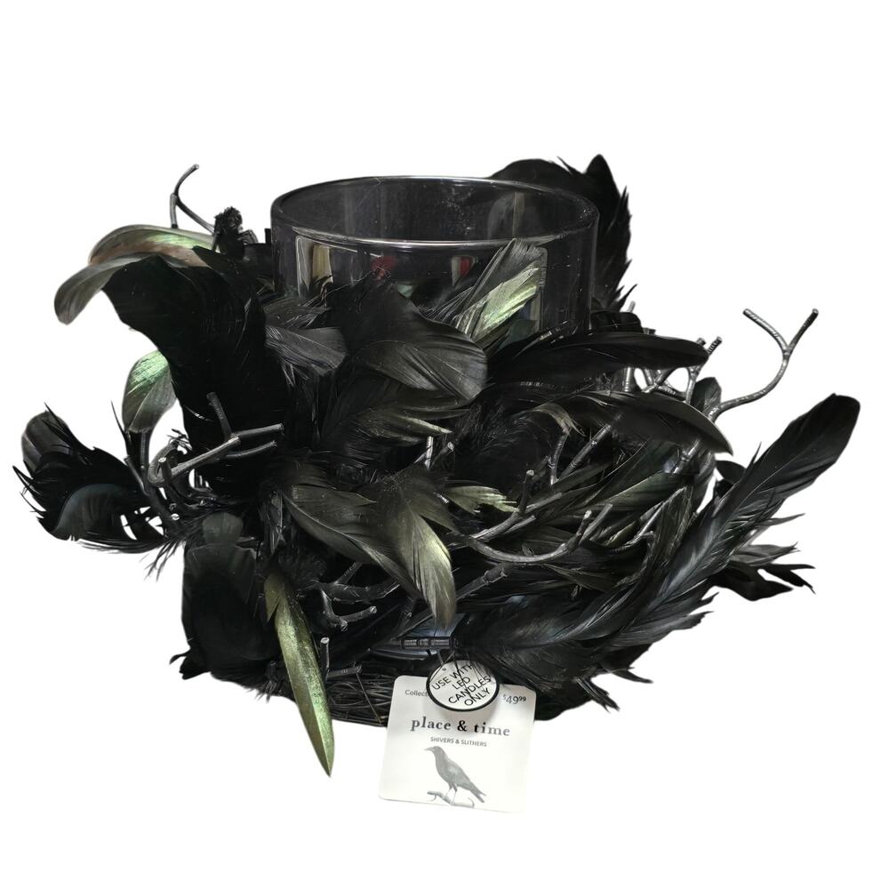Collection Place & Time Shivers & Slithers Black Feathered LED Candle Holder